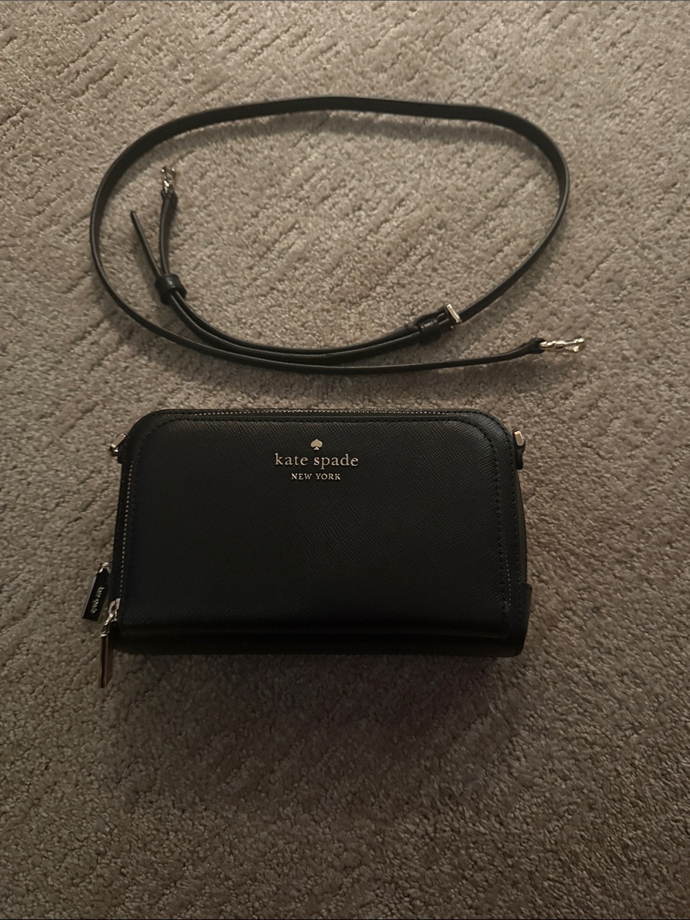 kate spade Black Leather Zip Wallet Crossbody with Gold Logo